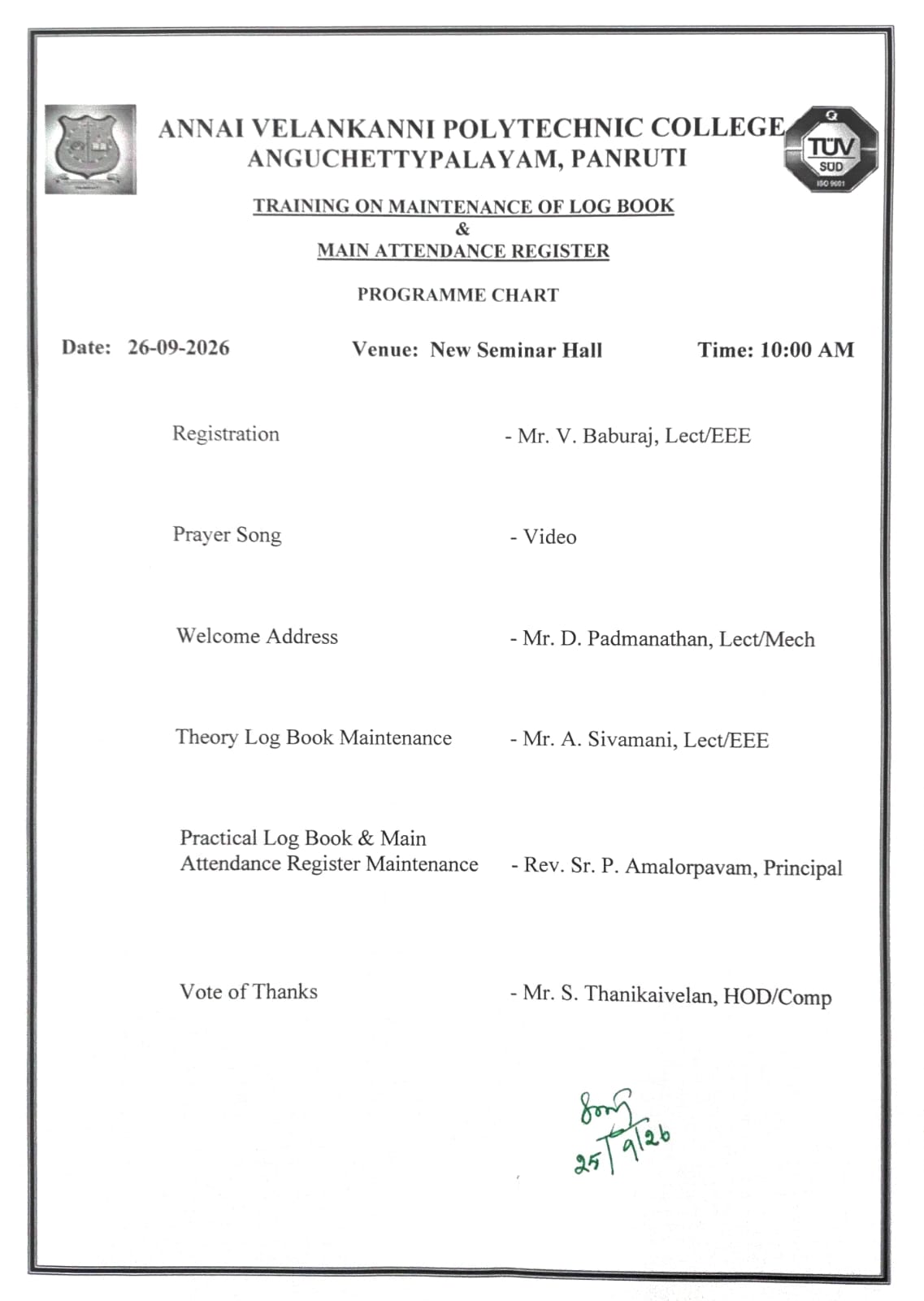 Training Programme on the Maintenance of Log Book and Main Attendance Register 